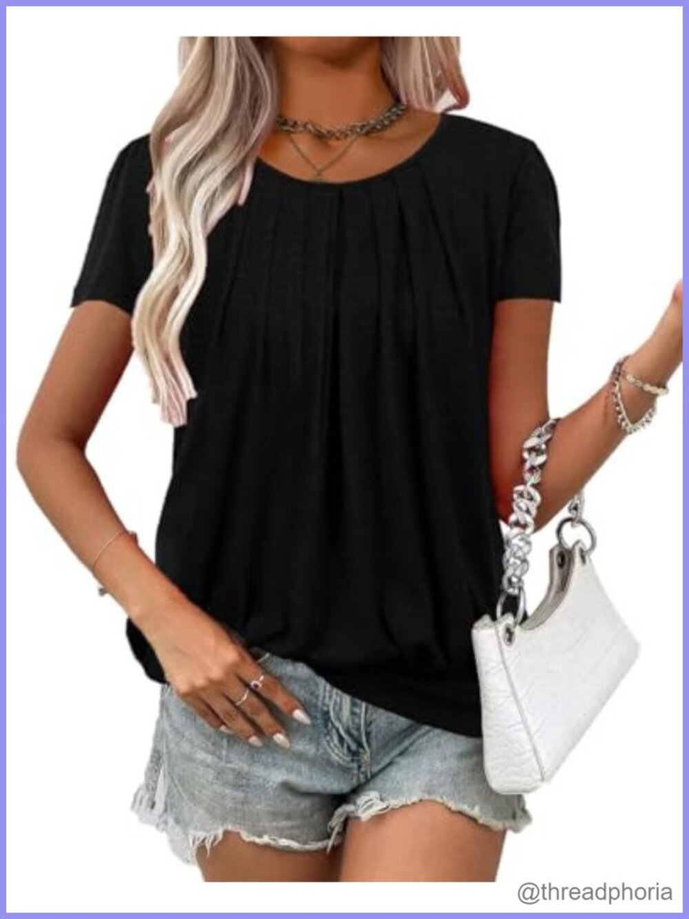Women's Short Sleeve Tunic Top Pleated Banded Hem for Leggings